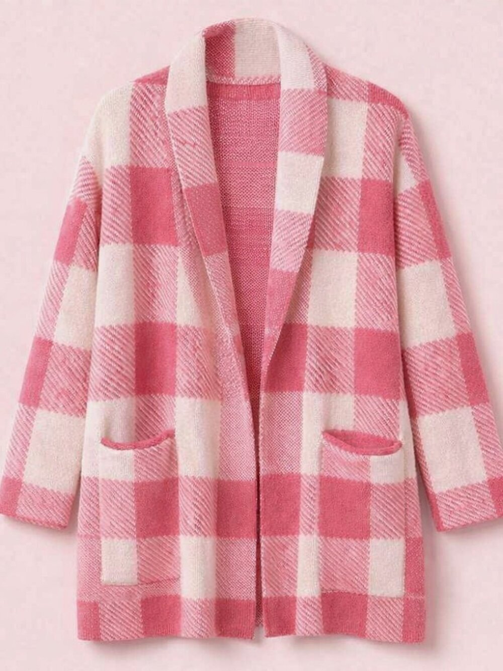 [BOGO] NWT Pink & White Plaid Plush Open-Front Sweater w/ Pockets​